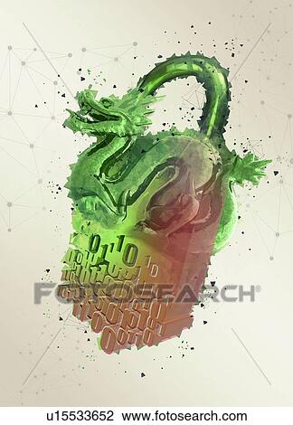 Stock Image - Chinese dragon and padlock with binary code, illustration.. Fotosearch
