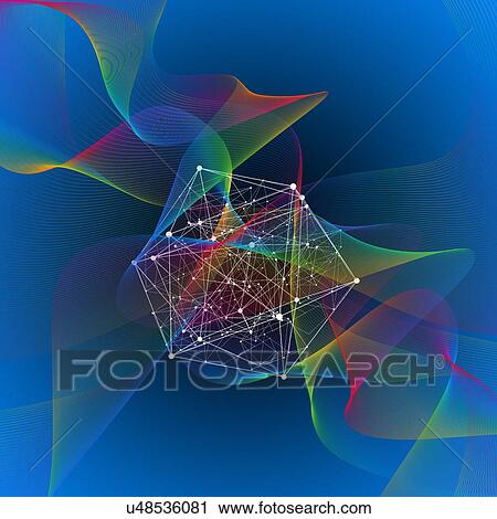 Stock Image - Colourful swirls and network structure against blue background, illustration.. Fotosearch