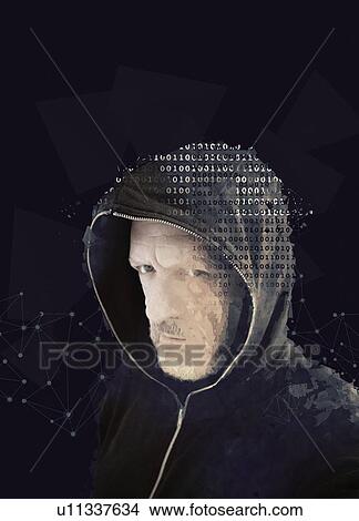 Cyber hacker wearing hooded top with binary code, illustration. View Large Photo Image Picture - Cyber hacker wearing hooded top with binary code, illustration.. Fotosearch