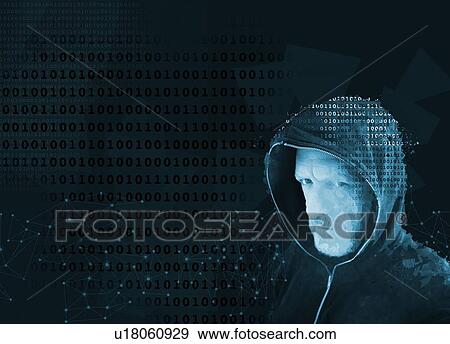 Stock Photo - Cyber hacker wearing hooded top with binary code, illustration.. Fotosearch