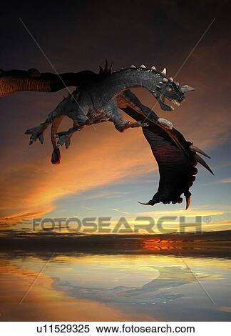 Stock Photography - Dinosaur flying above lake, illustration.. Fotosearch