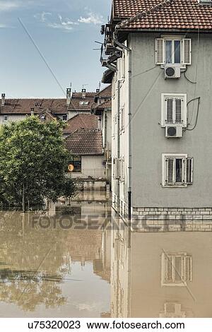 Stock Image - Flooded town. Fotosearch