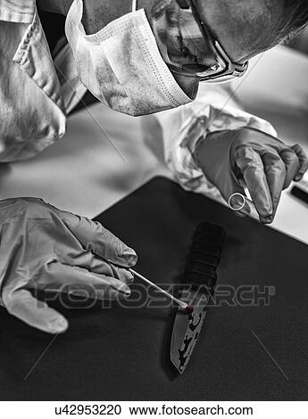 Stock Image - Forensic investigator examining evidence in lab. Fotosearch