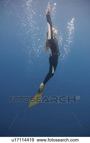 Stock Photo - Free diver ascending. Fotosearch