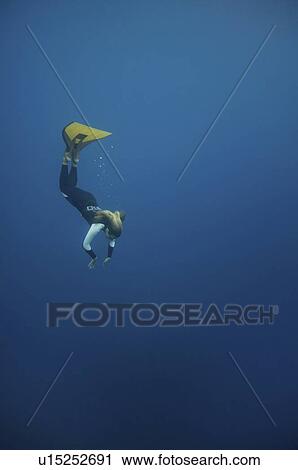 Stock Image - Free diver diving down. Fotosearch