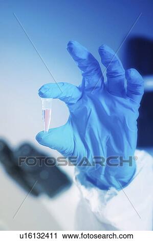 Stock Image - Hand holding test sample in lab. Fotosearch