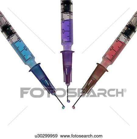 Stock Photo - Hypodermic syringes filled with colourful liquid. Fotosearch
