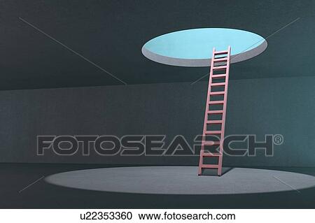 Stock Image - Ladder to hole in ceiling, artwork. Fotosearch