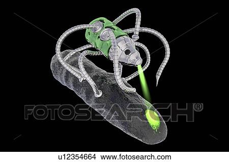 Picture - Medical nanorobot fighting with bacterium, illustration. Fotosearch