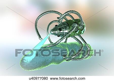 Stock Image - Medical nanorobot fighting with bacterium, illustration. Fotosearch