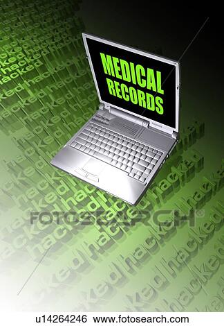 Stock Photograph - Medical records being hacked on a laptop, illustration.. Fotosearch