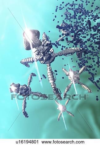 Stock Image - Nanobots attacking virus, illustration.. Fotosearch
