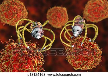 Stock Image - Nanorobots attacking cancer, illustration. Fotosearch