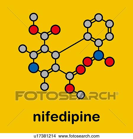 Picture - Nifedipine calcium channel blocker drug, molecular model. Fotosearch