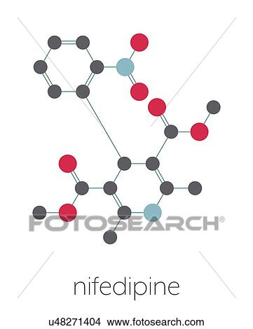 Picture - Nifedipine calcium channel blocker drug, molecular model. Fotosearch