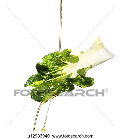 Stock Image - Oil pouring on chard leaf. Fotosearch