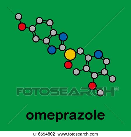 Stock Image - Omeprazole dyspepsia and peptic ulcer drug, molecular model. Fotosearch