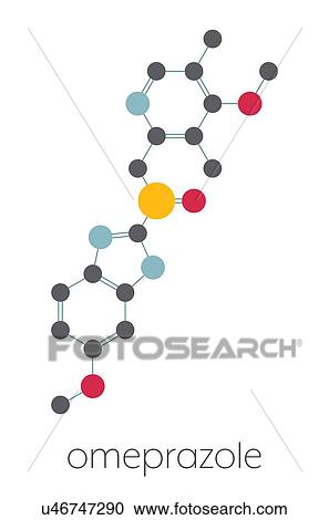 Stock Image - Omeprazole dyspepsia and peptic ulcer drug, molecular model. Fotosearch