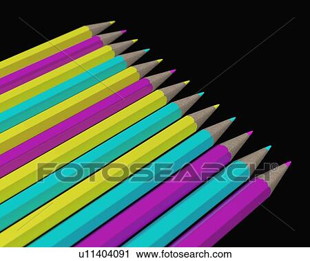 Stock Image - Pencils representing the subtractive colour model, illustration. When cyan, magenta and yellow are combined through filtration, they produce black.. Fotosearch