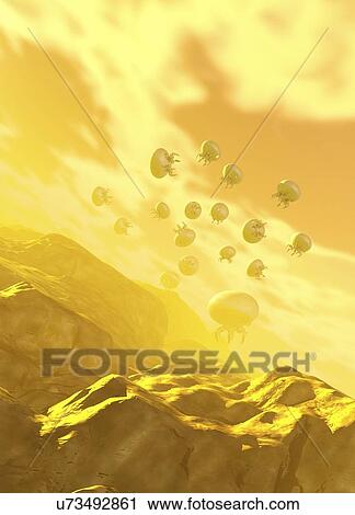 Stock Image - Probes over Venus, illustration. Fotosearch