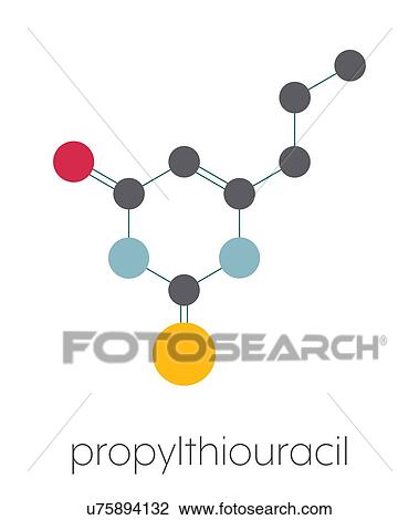 Stock Image - Propylthiouracil hyperthyroidism drug, molecular model. Fotosearch