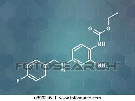Stock Image - Retigabine anticonvulsant drug, molecular model. Fotosearch