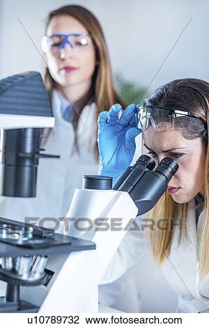 Stock Image - Scientist using microscope. Fotosearch