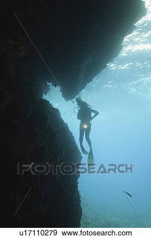 Stock Photo - Silhouette of a diver at cave entrance. Fotosearch