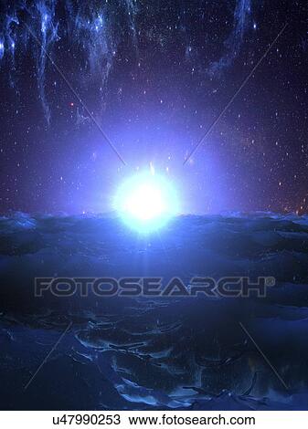 Stock Image - Sunset on alien planet, illustration. Fotosearch