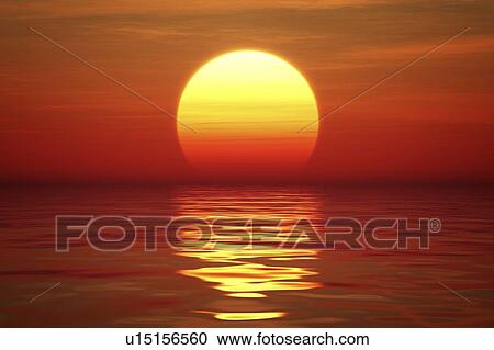 Sunset over water, illustration. View Large Photo Image Stock Image - Sunset over water, illustration.. Fotosearch