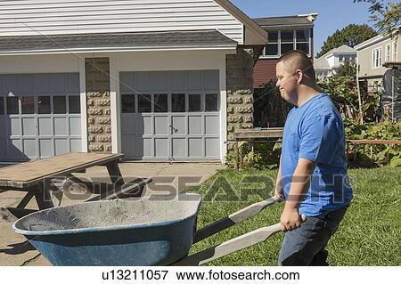 Teen with Down Syndrome pushing wheelbarrow View Large Photo Image Stock Photo - Teen with Down Syndrome pushing wheelbarrow. Fotosearch