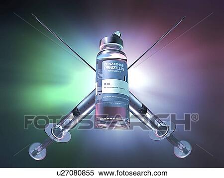 Two crossed syringes behind a penicillin via, illustration View Large Photo Image Stock Photography - Two crossed syringes behind a penicillin via, illustration. Fotosearch