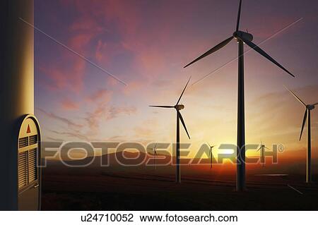 Wind turbines at sunset, illustration. View Large Photo Image Stock Image - Wind turbines at sunset, illustration.. Fotosearch