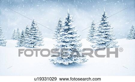 Stock Photo - Winter landscape and fir trees, illustration. Fotosearch