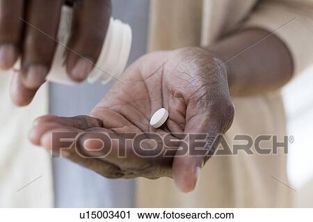 Stock Image - Woman pouring pills. Fotosearch