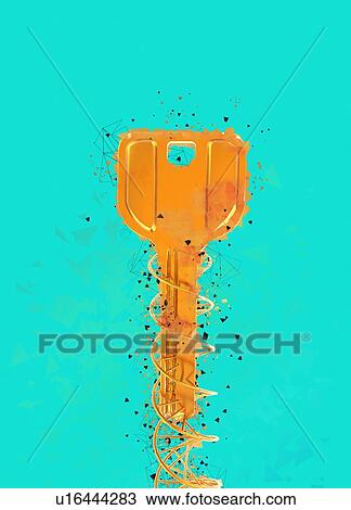 Stock Image - Yellow key against turquoise background, illustration.. Fotosearch