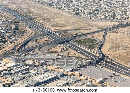 Stock Image - Aerial view of highway in Dubai, United Arab Emirates. Fotosearch