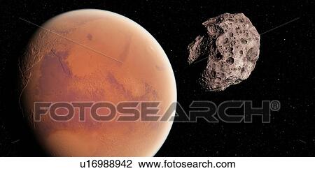Stock Image - Asteroid and planet, computer illustration.. Fotosearch