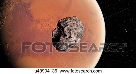 Stock Photograph - Asteroid and planet, computer illustration.. Fotosearch