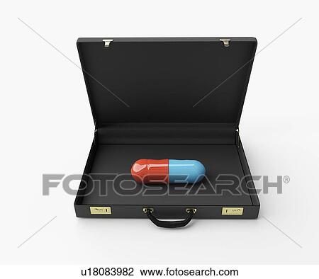 Stock Image - Attache case containing one very large medical capsule. Computer generated image.. Fotosearch