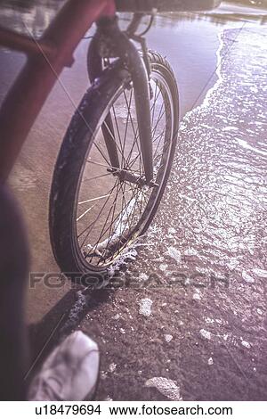 Picture - Bicycle wheel on beach at water's edge.. Fotosearch