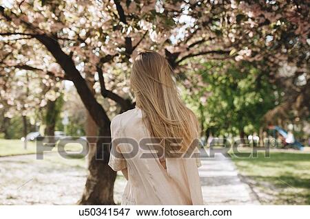 Blond haired woman by blossoming trees View Large Photo Image Stock Photo - Blond haired woman by blossoming trees. Fotosearch