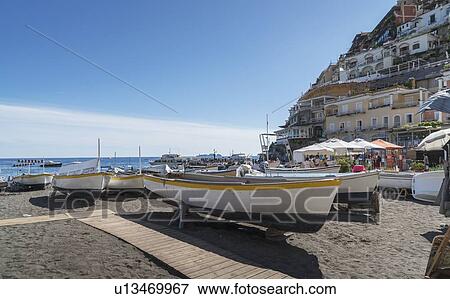 Boats on beach in Positano on Amalfi Coast, Italy View Large Photo Image Stock Photo - Boats on beach in Positano on Amalfi Coast, Italy. Fotosearch