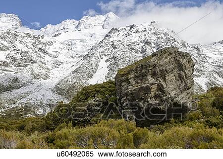 Boulder in Hooker Valley, Mount Cook National Park, New Zealand View Large Photo Image Stock Photography - Boulder in Hooker Valley, Mount Cook National Park, New Zealand. Fotosearch