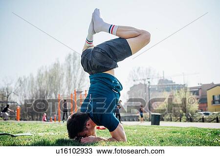 Calisthenics at outdoor gym, young man upside down in yoga position on grass View Large Photo Image Stock Image - Calisthenics at outdoor gym, young man upside down in yoga position on grass. Fotosearch