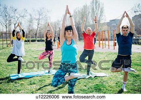 Stock Photograph - Calisthenics class at outdoor gym, women and men practicing yoga tree pose. Fotosearch