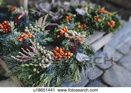 Christmas wreaths on pallet View Large Photo Image Stock Image - Christmas wreaths on pallet. Fotosearch