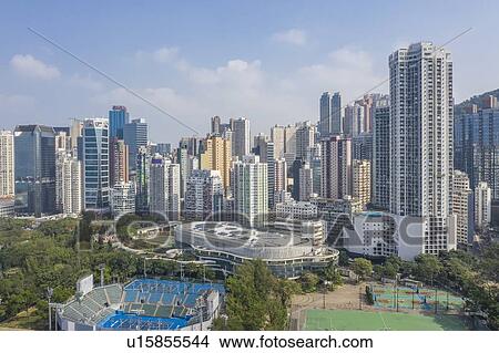 City skyline by sports stadiums in Hong Kong, China View Large Photo Image Picture - City skyline by sports stadiums in Hong Kong, China. Fotosearch