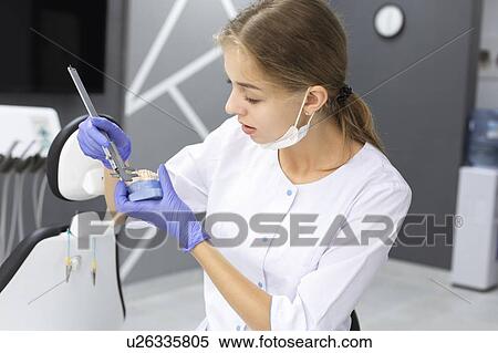 Stock Photography - Dental assistant measuring model teeth. Fotosearch