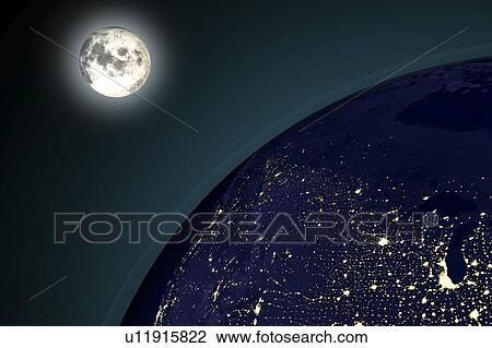 Stock Image - Earth and moon from space at night. Computer illustration showing the Earth as viewed from space, centred over the USA.. Fotosearch